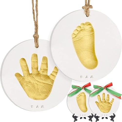 Baby Hand and Footprint Kit Girls, Boys - Personalized Baby’s First Christmas Ornament Kit, Newborn Christmas Gifts for New Mom, Cute Shower Gifts, Easy to Use Handprint Ornaments(Gold Paint, Cherish)