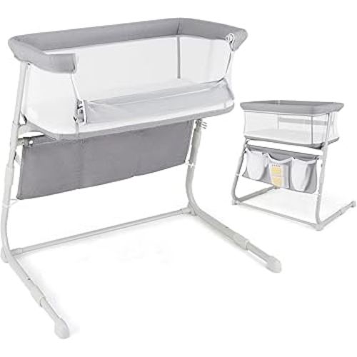 HONEY JOY Baby Bassinet Bedside Sleeper, Baby Bed Crib for Newborn w/ 5 Adjustable Heights, Storage Pockets, Mattress & Breathable Mesh, Easy to Assemble, Portable Bed Side Bassinet for Infant, Grey