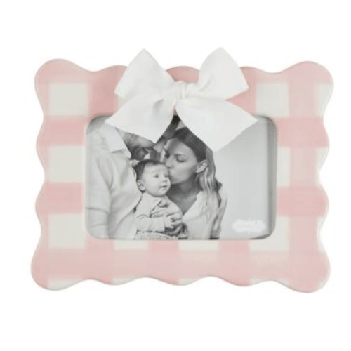 Horizontal Pink Bow Frame – Ceramic 4" x 6" Frame with Scallop Edge | Mud Pie