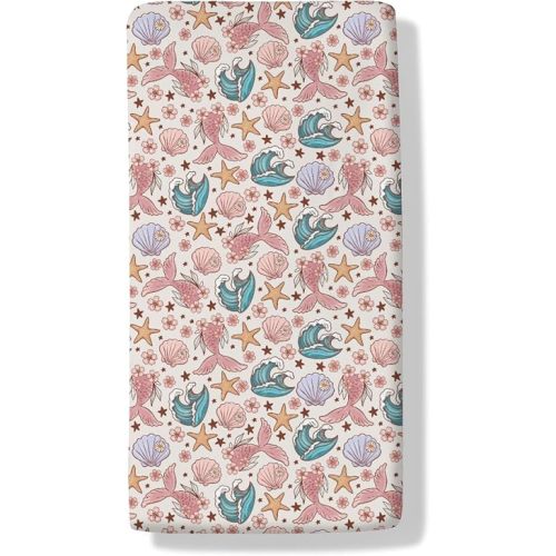 Coastal Life Baby Boys Girls Crib Sheets Boho Seashells Starfishes Mermaids Flowers Toddler Bedding Bed Sheets Summer Beach Fitted Crib Mattress Cover for Standard Crib Mattress 28x52 in