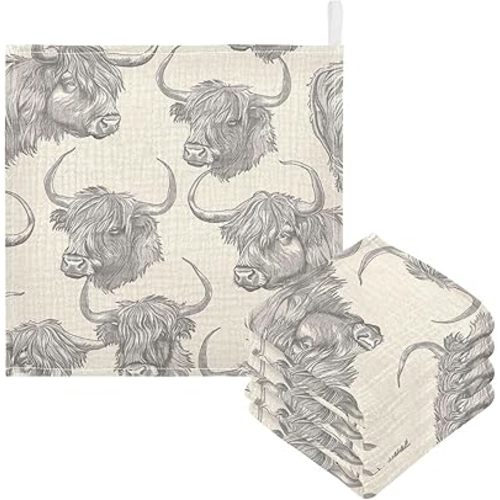 YETTASBIN Highland Cow Muslin Baby Hand Washcloths, Soft Cotton Bath Face Towel, 4 Layers Extra Absorbent Feeding Burp Cloth for Newborn Infant, 5 Pack