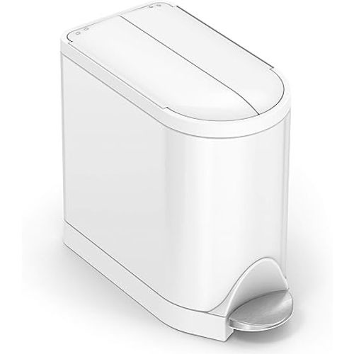 simplehuman Butterfly Step Can, 10L / 2.6 Gallon Compact Bathroom Trash Can, Low Lid Clearance, Slim Profile, 150,000-Step Pedal, Lid Shox® Silent Close, White Steel