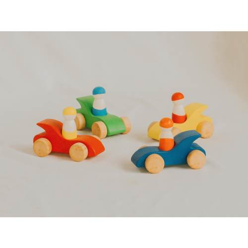 Colorful Wooden Cars w/ Peg Friends, handmade