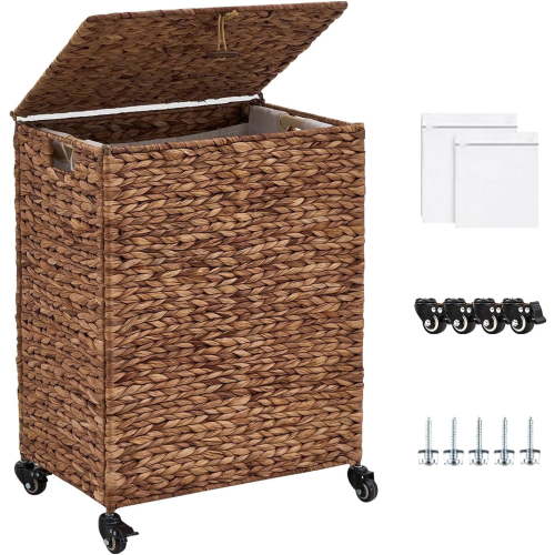 Casa Pura Furniture Adult Hand-Woven Water Hyacinth Laundry Hamper with Accessories Included, Brown
