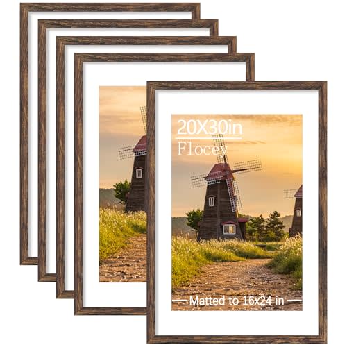 20x30 Picture Frame Set of 5, Rustic Brown Poster Frame, Display Pictures 16 x 24 with Mat or 20 x 30 Without Mat for Horizontal or Vertical Wall Mounting, Wall Gallery Frame