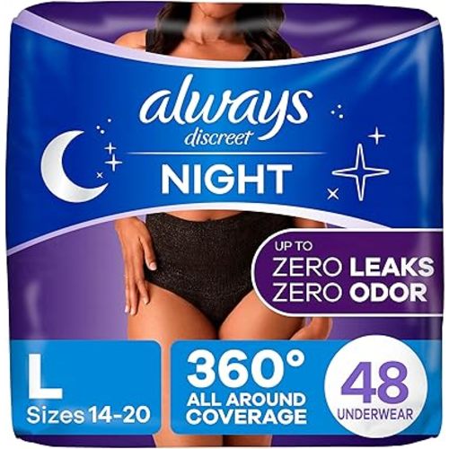 Always Discreet Adult Incontinence Overnight Underwear for Women, L, Up to 100% Bladder Leak ProteCountion, 48 Count