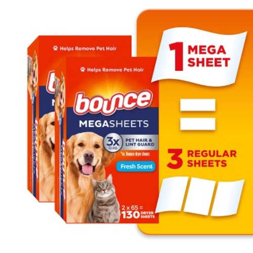 Bounce Fresh Scent Pet Hair and Lint Guard Mega Fabric Softener Dryer Sheets - 130ct