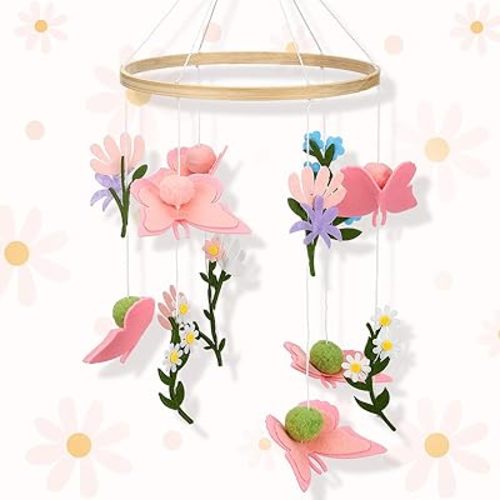 Vicenpal Wildflower Butterfly Baby Mobile for Crib Pink Spring Baby Room Decor Felt Nursery Mobile for Crib Neutral Wooden Handmade Hanging Decoration(Wildflower)