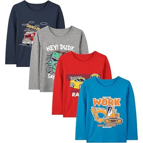 Resinta 4 Pack Toddler Boys Cotton Long Sleeve T-Shirts with Prints Baby Boys Pullover Crewneck Shirts Assorted Everyday Tops