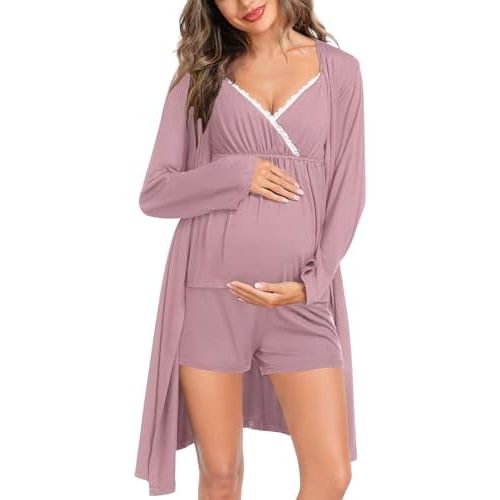SWOMOG Womens Maternity Robe Set 3 Piece Nursing Pajamas for Breastfeeding 3 in 1 Labor Delivery Hospital Pregnancy Pjs Grey