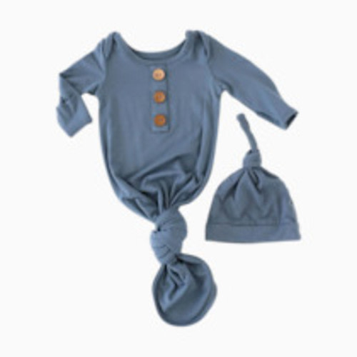Caden Lane Bamboo Baby Knot Gown & Hat - Solid Dusty Blue, Newborn