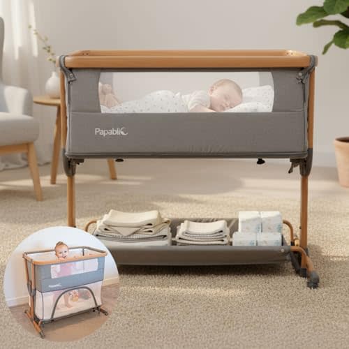 Papablic 4 in 1 Baby Bassinet, Bedside Bassinet for Baby, Adjustable Rocking Bassinet Bedside Sleeper with Soft Mattress & Storage Basket, Easy to Assemble
