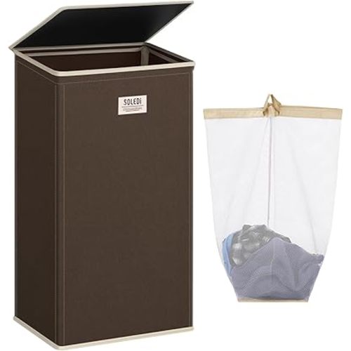 SOLEDI Laundry Hamper with lid, 100L Large Laundry Basket with Removable Bag Easy to Carry, Tall Clothes Hamper,Dirty Hampers for Bedroom, Bathroom, Dorm, Chocolate