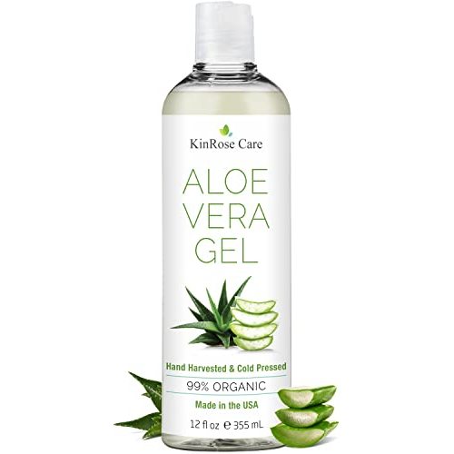 KinRose Care, 12oz Organic Aloe Vera Gel for Face, Skin, Hair & Sunburn Relief - From 100 Percent Pure Aloe Vera - Cold Pressed, Vegan, Unscented - Made in USA.