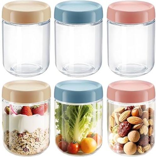 16 OZ Overnight Oats Jar,6 Pack Overnight Oats Containers with Lids,Reusable Mason Jars,Meal Prep Containers with Lids,Glass Container Food Storage,Glass Jar for Oats,Yogurt,Snacks,Fruit