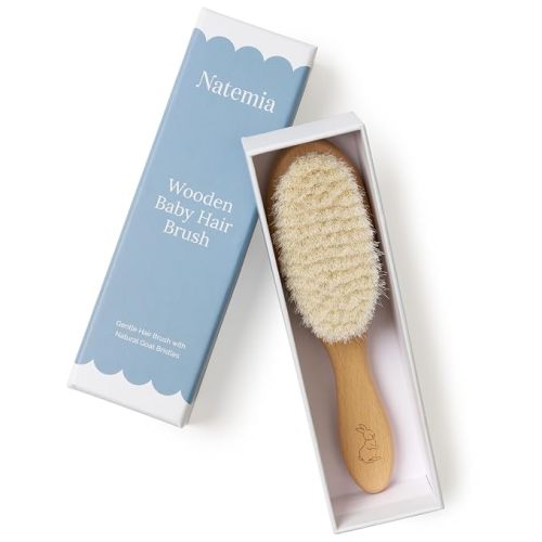 Natemia Wooden Baby Hair Brush - Natural Goat Hair Bristles - Gentle Soft Bristles for Scalp Massage - Cradle Cap Comb for Flake Removal - For Baby Grooming Kit & Toddler Hair Brush