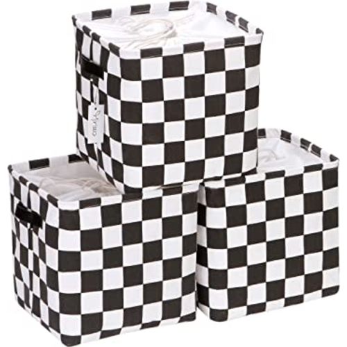 Hinwo 3-Pack Cubic Organizer Shelf Bins, Canvas Fabric Storage Baskets with Handles, 22L/5.8-Gal Square Storage Bins, Cubes, Collapsible Storage Box, 11 x 11 x 11 Inches (S, Black Checkerboard)
