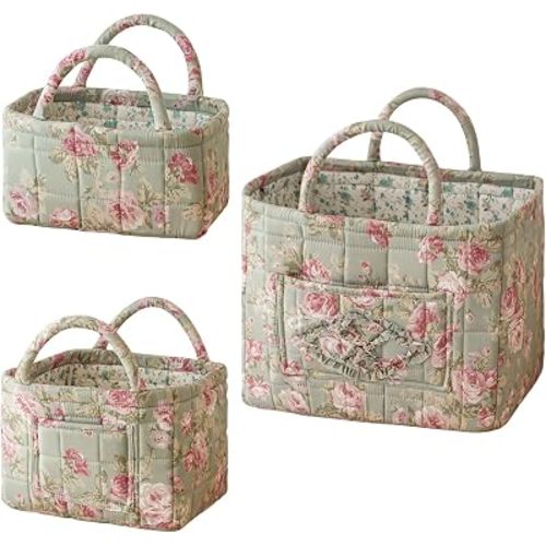vctops 3 Packs Boho Quilted Storage Basket for Organizing, Floral Basket Organizer Gift Baskets with Handles, Storage Bins for Toys, Books, Towels, and Clothes, Collapsible Fabric(Pattern D)