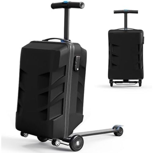 Scooter Suitcase 3-D Hardshell Ride Scooter Luggage for Kids Age 7-15, Cute Lightweight Kids Luggage with Wheels, Girls&Boys Multifunctional Ride On Travel Trolley Scooter Combo-Black