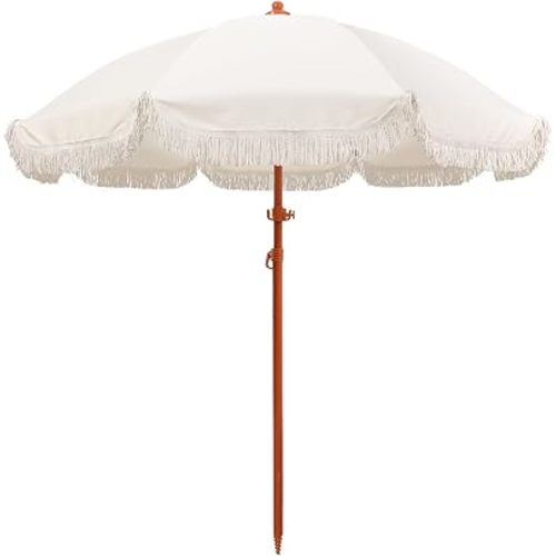 Jihfmo 7.3ft Boho Beach Umbrella with Integrated Sand Anchor & Reinforced 8mm Ribs – Heavy Duty Windproof Fringe Patio Umbrella, UPF 50+ Sun Shade with Tilt Mechanism & Carry Bag for Outdoor, Garden, Seaside (Cream/White)
