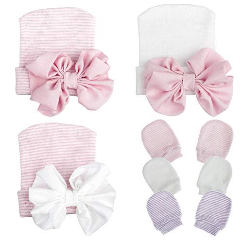 Baby Caps and Mittens Newborn Hospital Beanie Hats No Scratch Gloves Soft Babies Gift Set for Boys Girls