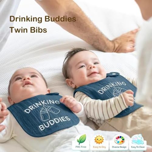 Tkusteigs Twin Bibs – Ultra-Soft Cotton Yarn Twin Baby Bibs - 'Drinking Buddies' Design, High Absorbency, Perfect Infant Gift (boy)