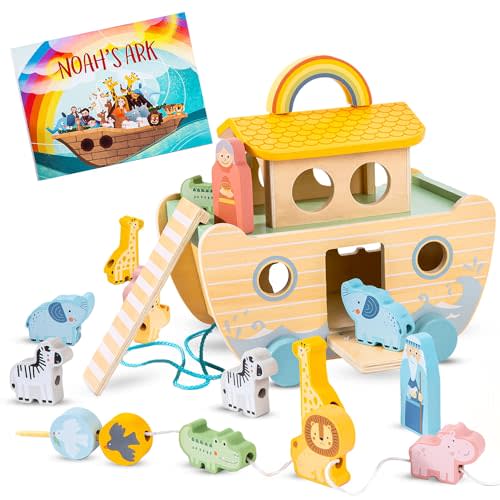Wooden Noahs Ark Toy - Baptism Gifts for Baby Girl, Boys & Kids | Fun Colorful Christening & Baptismal Gifts for Boys & Girls | Christian & Catholic Baby Present | Noahs Ark Toys for Toddlers from 2