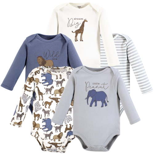 Touched by Nature Unisex Baby Organic Cotton Long-Sleeve Bodysuits, Classic Safari, 0-3 Months