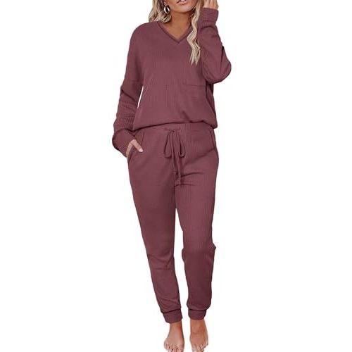 Womens Pajama Sets Waffle Knit 2 Piece Lounge Sets Sleepwear Loungewear Pjs Long Sleeve Maternity Postpartum Pajamas