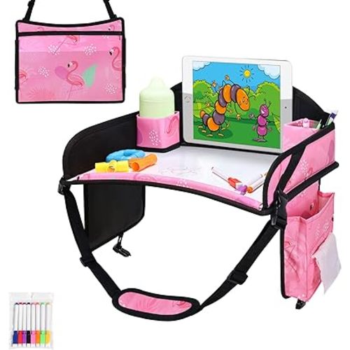 Kids Travel Tray, Travel Tray for Kids Car Seat, Toddler Car Seat Lap Tray, Carseat Tray for Kids Travel, Carseat Table Tray for Kids Travel Activities (Light Pink)