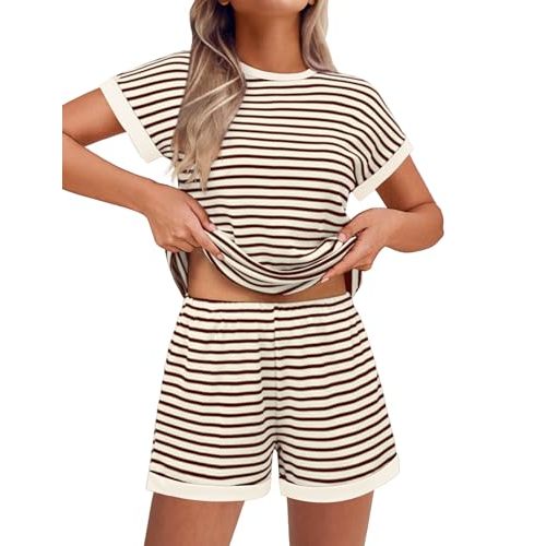 Ekouaer Two Piece Sets for Women Summer Striped Lounge Set Vacation Outfit | Casual Cute Waffle Knit Tops Shorts Sets with Pocket for Travel, Jogging, Cruise, Beach, Airport