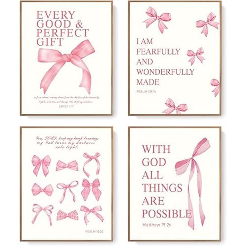 LARTSFRO Coquette Pink Bow Wall Art Decor Posters, Pink Bow Room Bedroom Bathroom Dorm Wall Art Decor Aesthetic for College Teen Girls Gifts, Inspirational Bible Verses Bow Wall Decor, 10x8 Inch Set of 4 Pcs Bow Pictures (UNFRAMED)