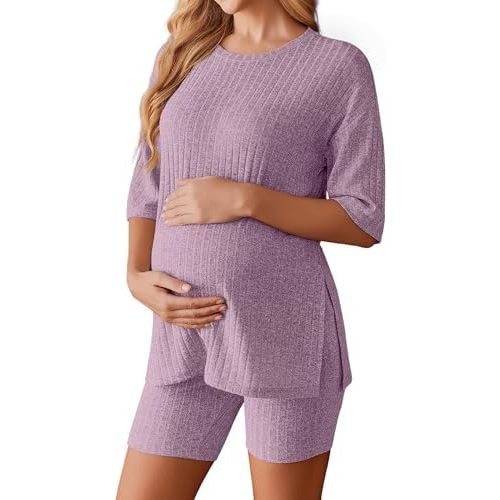 Ekouaer Women Maternity Sets 2 Piece Outfits Short Sleeve Shirts and Biker Shorts Pregnancy Loungewear Mama Clothes