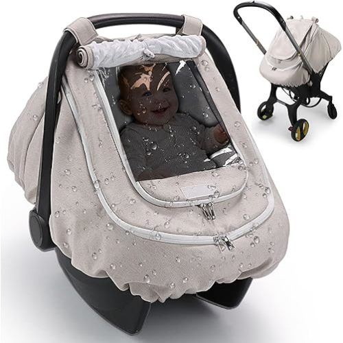 TinlyFinly Waterproof Car Seat Cover for Baby, 2-Layer Car Seat Rain Cover with Clear Window & Sunshade & Mesh Cover, Universal Infant Carseat Canopy for Stroller, Protect from Rain and Snow - Beige