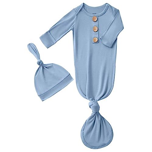 Newborn Baby Boys Girls Knotted Gown Hat Set Soft Bamboo Viscose Infant Sleeper Baby Sleep Gown with Mittens