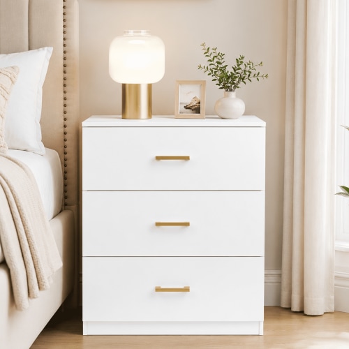 UHOMEPRO Nightstand, Modern 3 Drawer Nightstand, White Nightstand with Gold Handle, Wooden Bedside Storage Cabinet Unit for Bedroom/Small Space