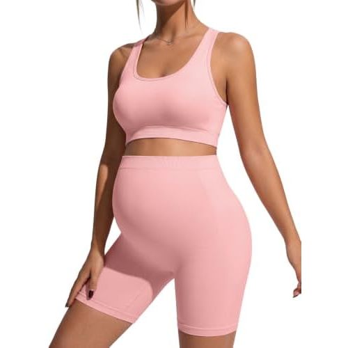 BLENCOT Maternity Workout Sets Pregnancy Yoga Ribbed Tank Tops with Bra