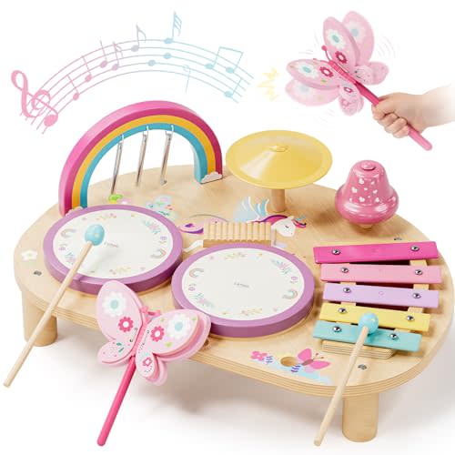 Lehoo Castle Toddler Drum Set Wooden, Unicorn Montessori Toys for Girls | Baby Drum Set Music Toys with Xylophone, 7 in 1 Toddler Musical Instruments, Educational Birthday Gift for 12-18 Months Girl