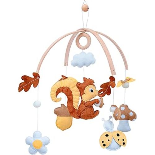 Woodland Nursery Mobile, Felt Squirrel with Mushrooms, Acorns, Leaves and Cloud, Baby Crib Mobile, Forest Theme Hanging Decor
