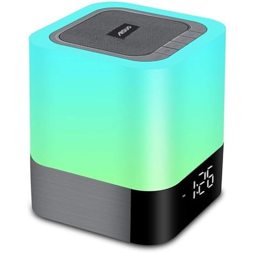 Aisuo Night Light-5 in 1 Bedside Lamp with Bluetooth Speaker, 12/24H Digital Calendar Alarm Clock, Touch Control, Support TF and SD Card, Music Player, Gift for Girls Boys Teens,Warm White