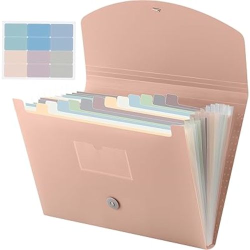 Cholemy Expanding File Folder 13 Pockets File Organizer with Labels A4 Letter Size Receipt Document Organizer Plastic Expandable Filing Folders for Office, Home(Pink)