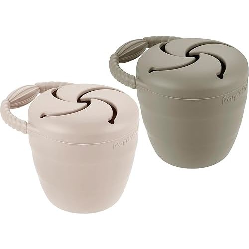 PandaEar Silicone Snack Containers, Collapsible Toddler Snack Cups Spill Proof Food Catcher for Toddler Baby, Pack of 2 (Light Tan/Walnut)