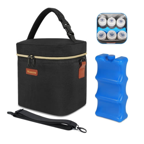 Mancro Breastmilk Cooler Bag with Ice Pack, Fits 6 Baby Bottles Up to 9 Ounce Insulated Bottle Bag, Breast Milk on The go Strap, for Nursing Mom Daycare, Black