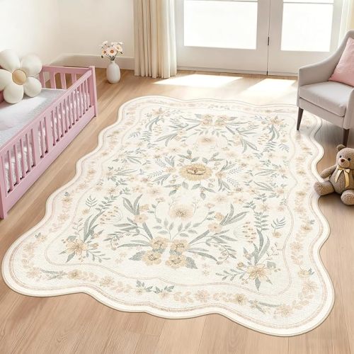 Dadasgk Scalloped Floral Rug 5x7, Neutral Beige Washable Non Slip Area Rug for Bedroom, Soft Low Pile Cream Cottagecore Rug for Girls Room, Nursery, or Reading Nook