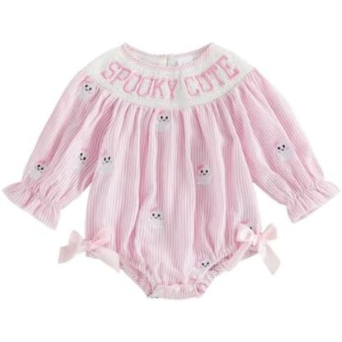 My First Halloween Baby Girl Outfit Ghost Embroidery Smocked Romper Long Sleeve Striped Jumpsuit Cute Fall Clothes
