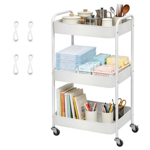 3 Tier Rolling Cart, Metal Utility Carts with Wheels, Mesh Rolling Storage Cart Organizer with Handle and 4 Hooks for Kitchen, Bathroom, Office, White