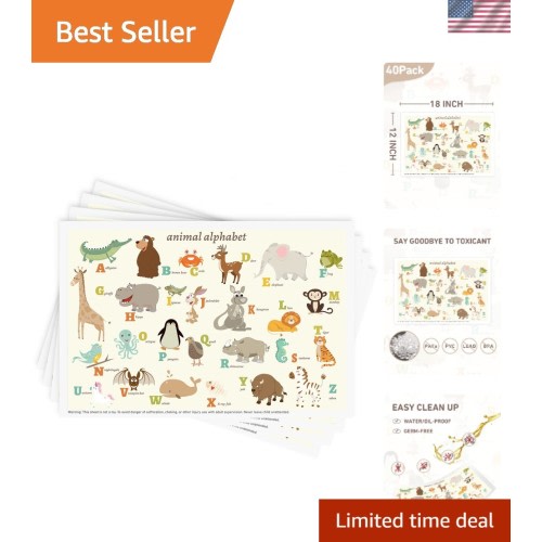 40-Pack Disposable Stick-On Placemats - Animal Alphabet for Stress-Free Dining