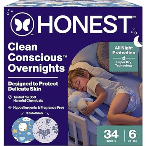 Clean Conscious™ Overnight Diapers | Up to 12 Hours of Protection | Hypoallergenic + Fragrance Free | Cozy Cloud + Star Signs | Size 6, 34 Count Club Box