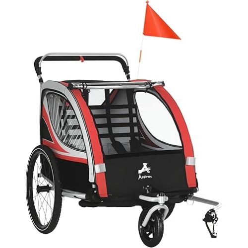 Aosom 2-in-1 Walk/Ride Child Baby Bike Trailer for Kids 2 Seater, High-Visibility Bike Stroller for Toddler Wagon, Weather-Strong Double Bicycle Trailer Accessory for Kids
