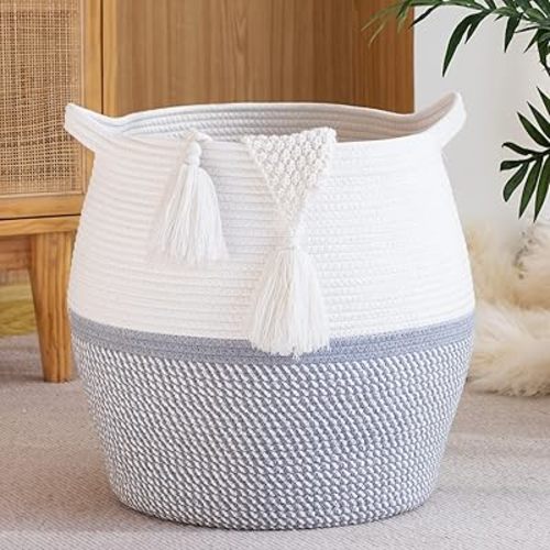 KAKAMAY Woven Baskets for Storage(17"x17"),Large Cotton Rope Woven Baby Laundry Hamper,Collapsible Laundry Basket, Blanket Basket for Organizing Living Room,Nursery,Pillows,Toy Chest(Grey)